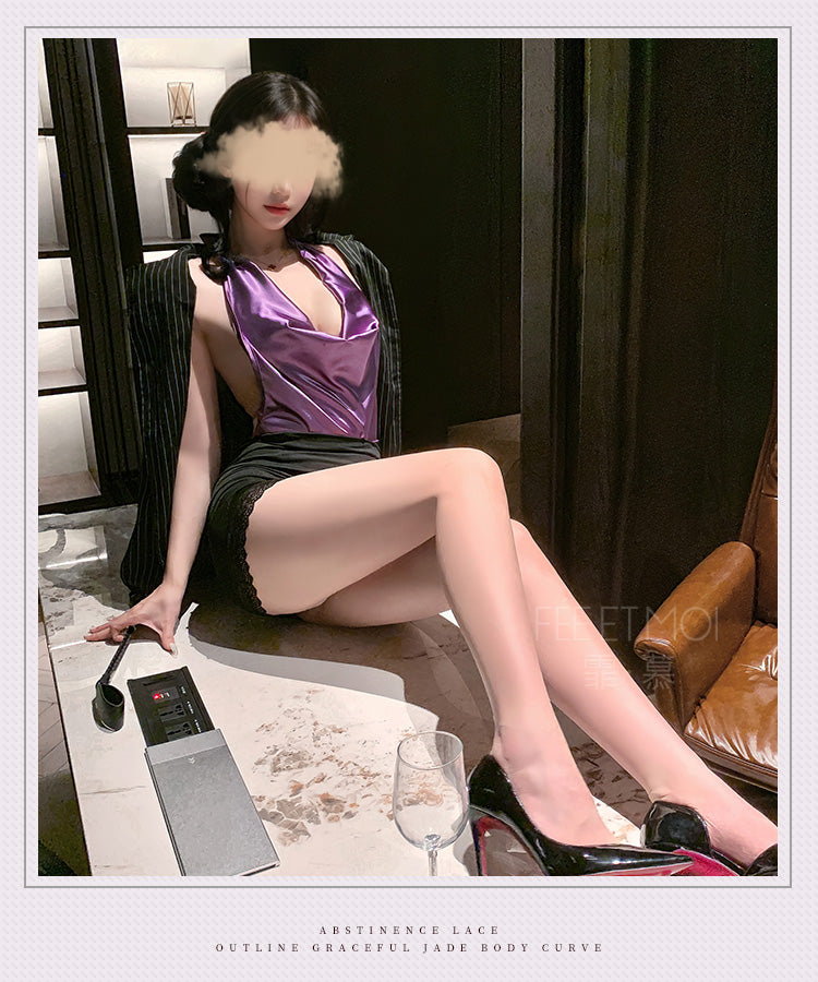 Pure‑Desire Secretary Lingerie Set, Draped Collar Tight Bodycon Nightdress, Backless Lace Easy‑Remove Uniform
