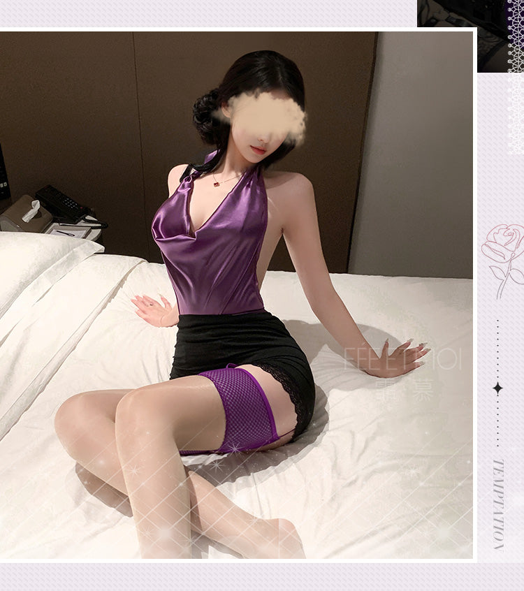 Pure‑Desire Secretary Lingerie Set, Draped Collar Tight Bodycon Nightdress, Backless Lace Easy‑Remove Uniform