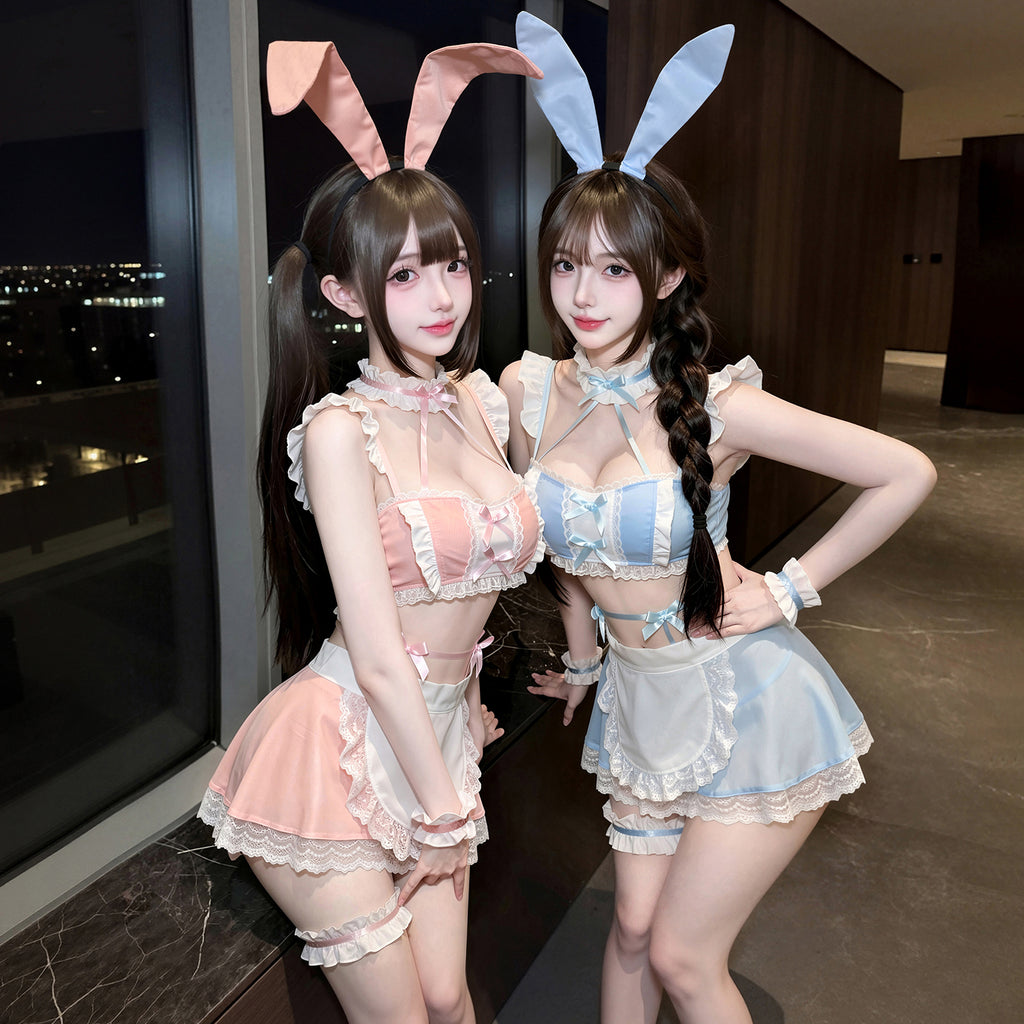 Fee et moi Bunny Girl Lingerie Set Style 744, Tie Strap Bodysuit with Crotchless Stockings, Easy Access Cute Cosplay Costume
