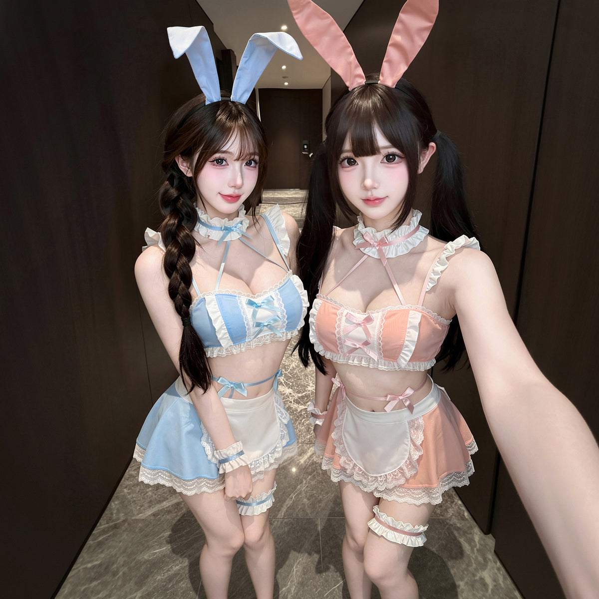 Fee et moi Bunny Girl Lingerie Set Style 744, Tie Strap Bodysuit with Crotchless Stockings, Easy Access Cute Cosplay Costume