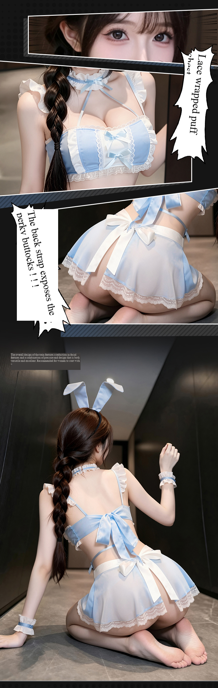 Fee et moi Bunny Girl Lingerie Set Style 744, Tie Strap Bodysuit with Crotchless Stockings, Easy Access Cute Cosplay Costume