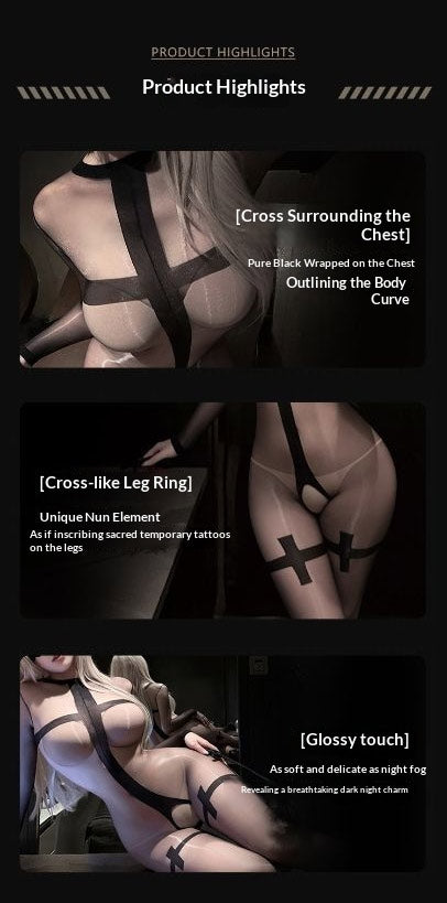 Feimu & Miji Nun‑inspired glossy bodystocking, crafted with cross jacquard texture, long‑sleeve full‑foot design, crotch‑open for easy access.
