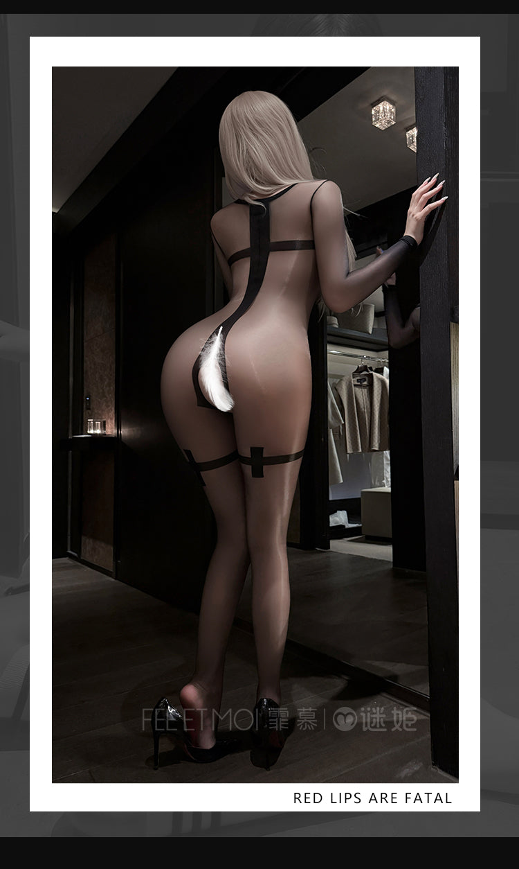 Feimu & Miji Nun‑inspired glossy bodystocking, crafted with cross jacquard texture, long‑sleeve full‑foot design, crotch‑open for easy access.
